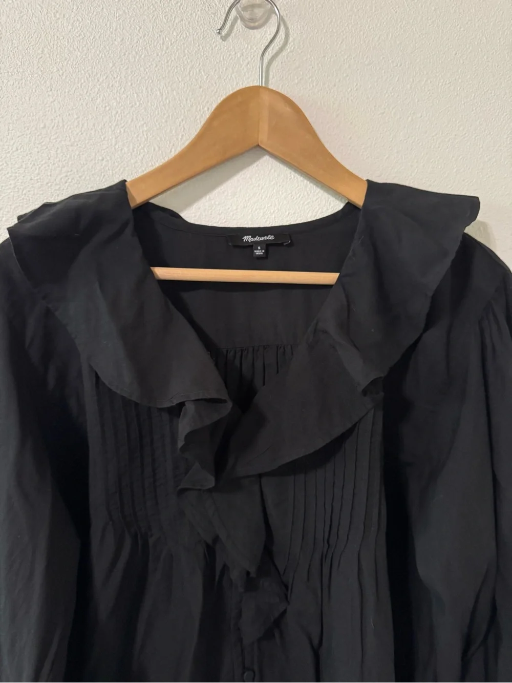 Madewell Ruffled Pintucked Long Puff Sleeve Blouse Black Lightweight 2025-S